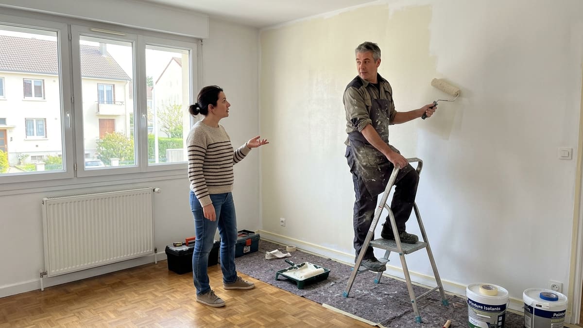 Intérieur de maison en rénovation avec un peintre appliquant une peinture isolante