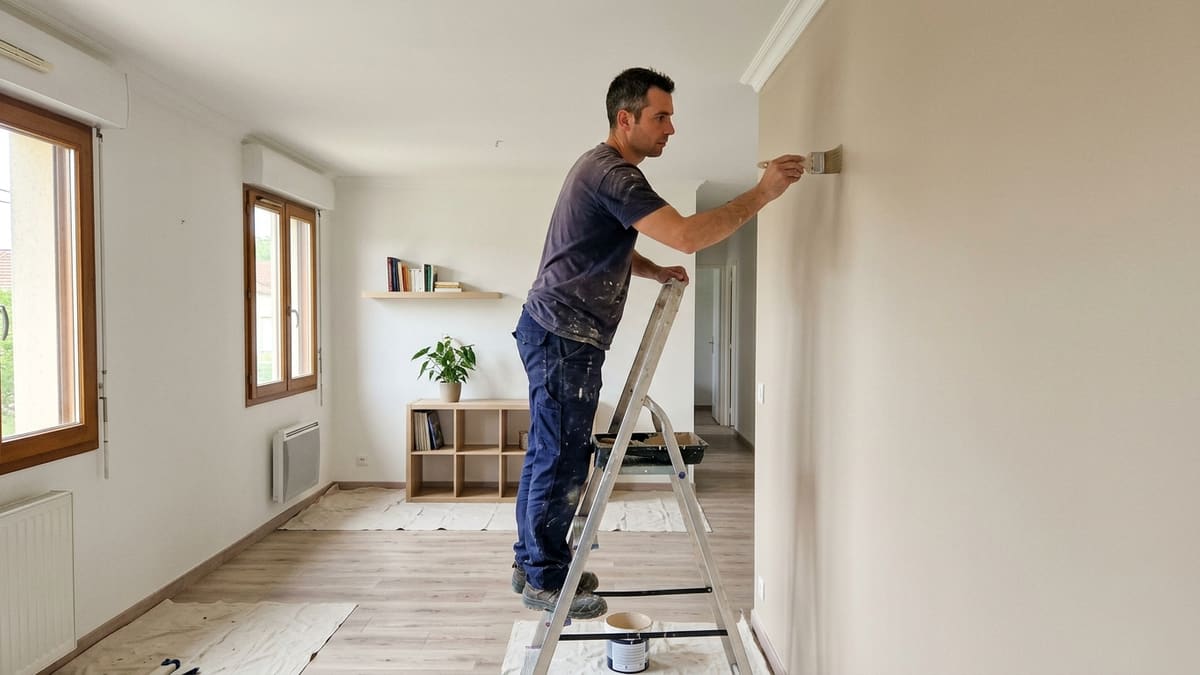 Un artisan peintre appliquant de la peinture sur un mur intérieur avec soin et précision.