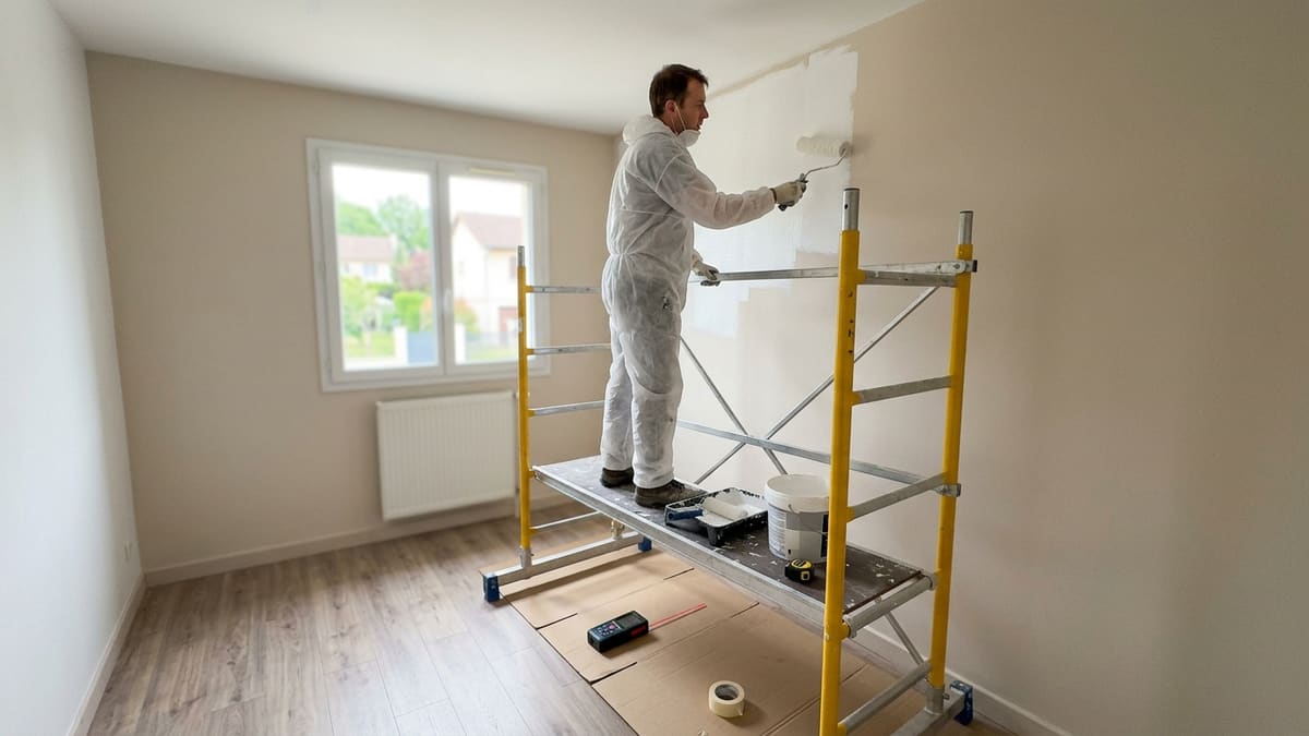 Artisan peintre préparant une surface murale pour l isolation thermique