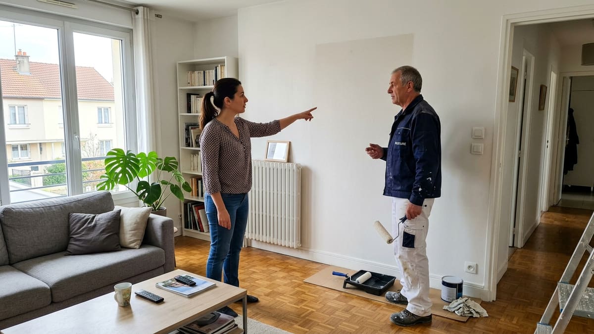 Femme discutant avec un artisan peintre devant un mur à repeindre, pour un devis