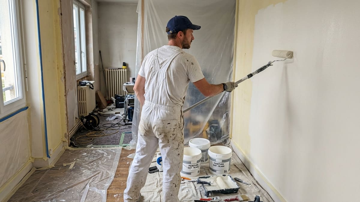 Artisan peintre en bâtiment appliquant la peinture au rouleau sur un mur, chantier de rénovation